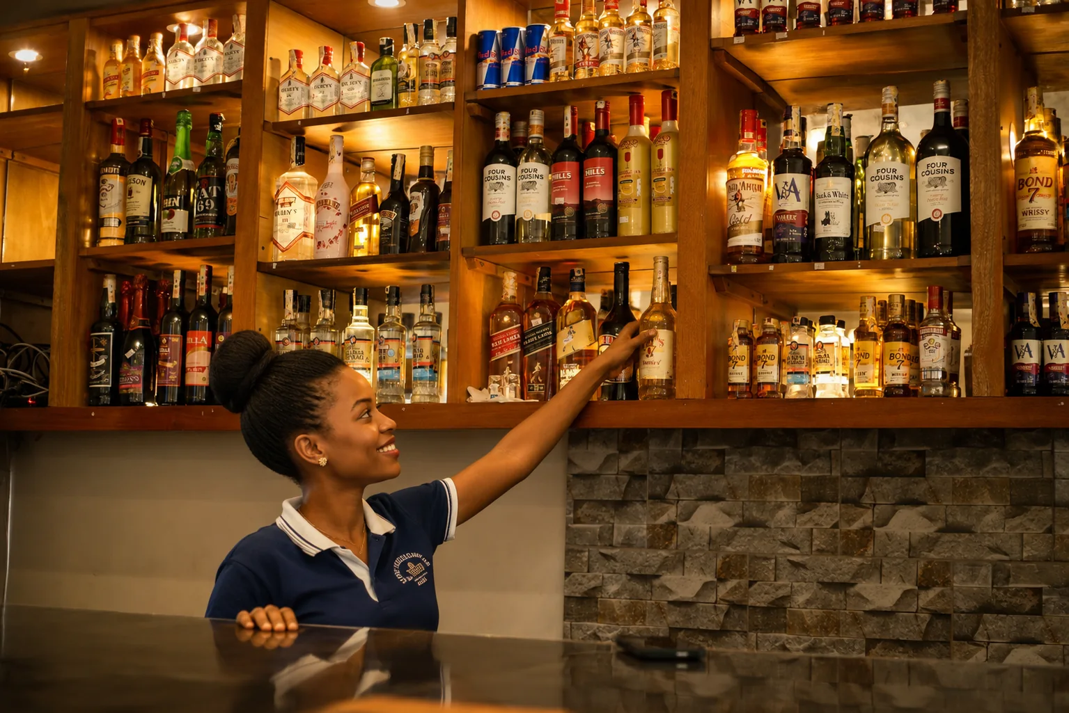 Bar staff reaching for a bottle