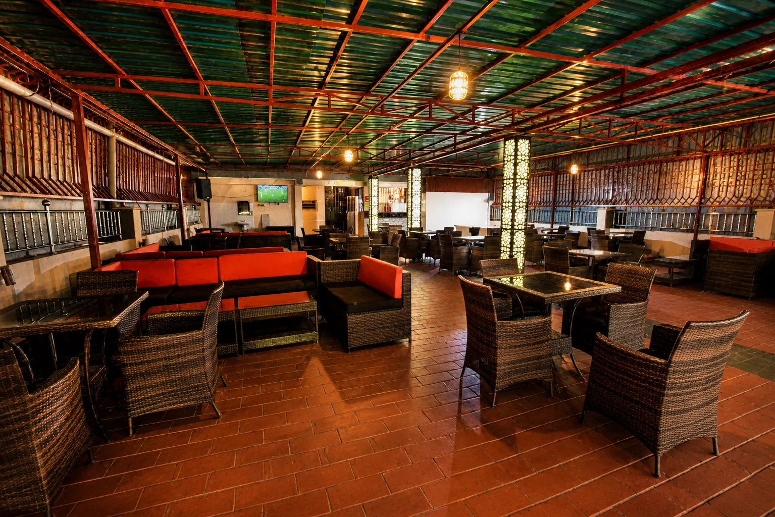 Wide rooftop lounge interior