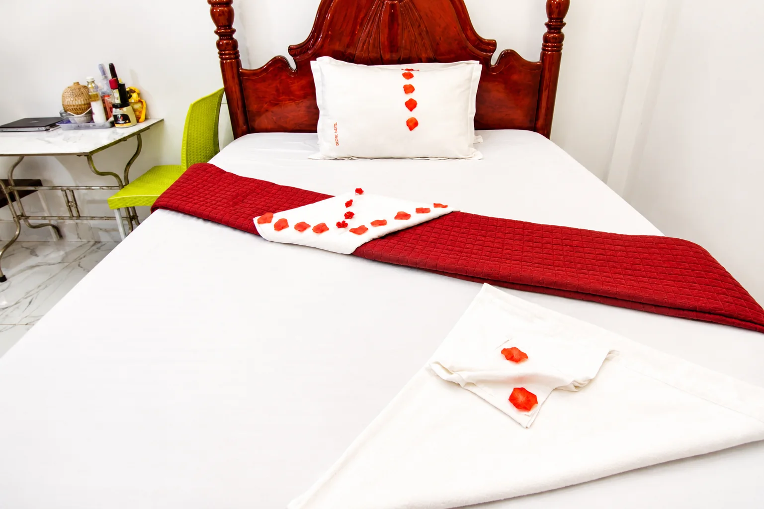 Close detail of decorated bed